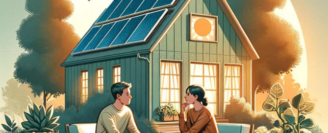 Couple Discussing Solar Energy Benefits in Front of Their Solar-Powered Home at Sunset